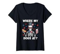 Femme Where My Dogs At Wiener Patriotic Hotdog American USA Flag T-Shirt avec Col en V