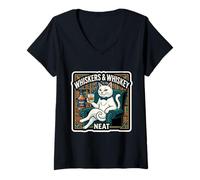 Femme Whiskers and Whisky Neat Funny White Cat Lover Owner Scotch T-Shirt avec Col en V