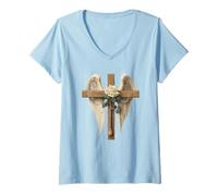 Femme White Roses Flower Christian Cross for Women and Blessed Mom T-Shirt avec Col en V