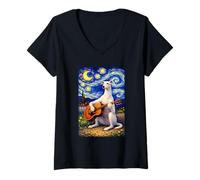 Femme White Sighthound Playing Guitar Whimsical Art Music Camping T-Shirt avec Col en V