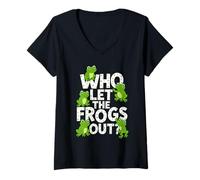 Femme Who Let The Frogs Out? Funny Frog Lover Men Women Kids T-Shirt avec Col en V