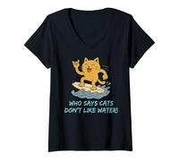 Femme Who Says Cats Don't Like Water ! Surfing Kitty T-Shirt avec Col en V