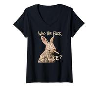 Femme Who the F_ck Is Alice ? Funny Rabbit Humour Graphic T-Shirt avec Col en V