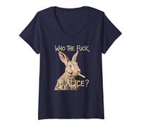 Femme Who The F_CK is Alice ? Funny Rabbit Humour Graphic T-Shirt avec Col en V, Bleu Marine, L