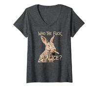 Femme Who The F_CK is Alice ? Funny Rabbit Humour Graphic T-Shirt avec Col en V, Chiné Foncé, S