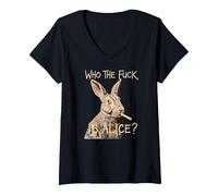 Femme Who The F_CK is Alice ? Funny Rabbit Humour Graphic T-Shirt avec Col en V, Noir, L
