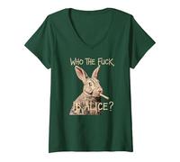 Femme Who The F_CK is Alice ? Funny Rabbit Humour Graphic T-Shirt avec Col en V, Vert Forêt, S