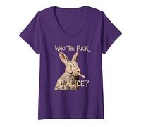Femme Who The F_CK is Alice ? Funny Rabbit Humour Graphic T-Shirt avec Col en V, Violet, S