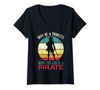 Femme Why Princess When You Can Be Pirate Rétro Femmes Filles Enfants T-Shirt avec Col en V