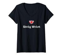Femme Wicket adhésif Amusant avec Phrase Britannique et cœurs Union Jack T-Shirt avec Col en V