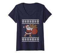 Femme Wiener Pull de Noël pour Chien, Père Noël Portant des Wieners T-Shirt avec Col en V, Bleu Marine, S