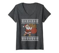 Femme Wiener Pull de Noël pour Chien, Père Noël Portant des Wieners T-Shirt avec Col en V, Chiné Foncé, M