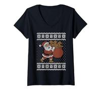 Femme Wiener Pull de Noël pour Chien, Père Noël Portant des Wieners T-Shirt avec Col en V, Noir, XXL