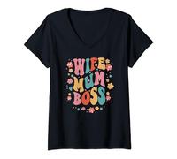 Femme Wife Mum Boss Working Mothers Retro Groovy Flower Design T-Shirt avec Col en V
