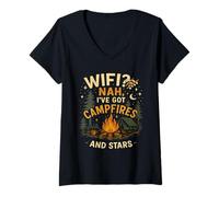 Femme WiFi Non, j'ai des feux de camp et des étoiles, je me déconnecte du réseau T-Shirt avec Col en V