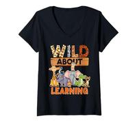 Femme Wild About Learning Safari Animal Design pour Enfants T-Shirt avec Col en V