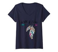 Femme Wild And Free Bohème Native Flèche Plumes Boho Cadeau T-Shirt avec Col en V
