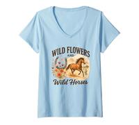Femme Wild Flowers and Wild Horses Western Watercolor Graphic T-Shirt avec Col en V