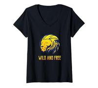Femme Wild & Free Tête de Lion - Lion Afrique Sauvage Safari Travel T-Shirt avec Col en V