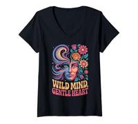 Femme Wild Mind Fleurs psychédéliques en Forme de cœur T-Shirt avec Col en V