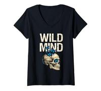 Femme Wild Mind Vintage Grunge Crâne Papillons Goth Esthétique T-Shirt avec Col en V
