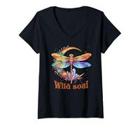 Femme Wild Soul Libellule Lune Hippie Colorée Amusante Cadeau T-Shirt avec Col en V