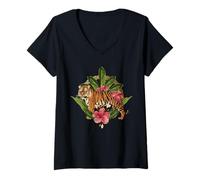 Femme Wild Tiger T Shirt, Wild Jungle Tiger Fashion Graphic Design T-Shirt avec Col en V