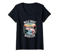 Femme Wild Trout River Life Peche A La Mouche Truite T-Shirt avec Col en V
