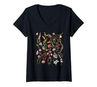 Femme Wildflower Meadow Botanical Illustration, Vintage Floral Na T-Shirt avec Col en V