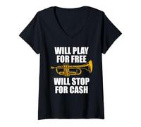 Femme Will Play for Free Trompette Joueur de Trompette T-Shirt avec Col en V