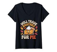 Femme Will Trade Brother for Pie Family Fall Thanksgiving Groovy T-Shirt avec Col en V
