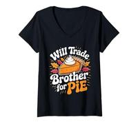 Femme Will Trade Brother for Pie Family Fall Thanksgiving Groovy T-Shirt avec Col en V