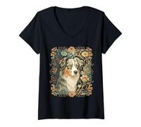 Femme William Morris Blue Merle Chien Aussie Art Floral T-Shirt avec Col en V