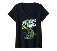 Femme Windsurfing Life Begins at 20 Knots Motivation Windsurfers T-Shirt avec Col en V