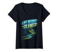 Femme Windsurfing Life Begins at 20 Knots Motivation Windsurfers T-Shirt avec Col en V