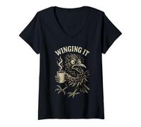 Femme Winging It Funny Angry Crow Coffee Lover Retro Bird Humour T-Shirt avec Col en V