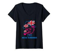 Femme Winston Churchill avec Drapeau Britannique Minimal Line Art T-Shirt avec Col en V