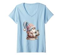 Femme Winter GNOME Hot Cocoa Mug for Xmas Pastel Christmas GNOME T-Shirt avec Col en V