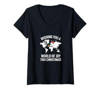 Femme Wishing You A World of Joy Carte de Noël Mondiale T-Shirt avec Col en V
