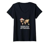 Femme Wishing You A World of Joy Carte de Noël Mondiale T-Shirt avec Col en V
