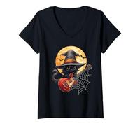 Femme Witch Cat Playing Guitar Cat Halloween Cat Kitten Lover Kids T-Shirt avec Col en V