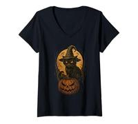 Femme Witch Hat Pumpkin Moon Scary Halloween Black Cat T-Shirt avec Col en V