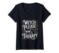 Femme Witch Please I'm in Therapy Chat Noir Amusant Halloween T-Shirt avec Col en V