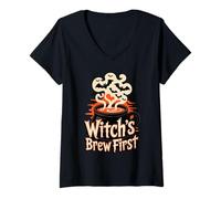 Femme Witch’s Brew First Coffee Witches Halloween T-Shirt avec Col en V