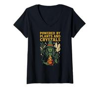Femme Witchcore Green Witch Powered by Plants Crystals Women T-Shirt avec Col en V