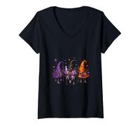 Femme Witchy Halloween Chemise Chapeau de sorcière Lune Étoile Violet Céleste T-Shirt avec Col en V