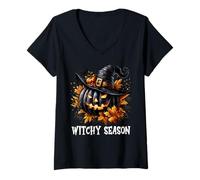 Femme Witchy Jack O Lantern Pumpkin in Witch Hat for Halloween Mom T-Shirt avec Col en V
