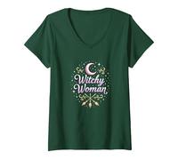 Femme Witchy Woman : enchantement Mystique Lune et Balai T-Shirt avec Col en V, Vert Forêt, S