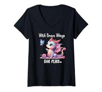 Femme With Brave Wings She Flies Butterfly Pink Flower Dragon Wing T-Shirt avec Col en V