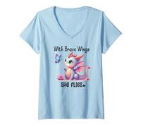 Femme With Brave Wings She Flies Butterfly Pink Flower Dragon Wing T-Shirt avec Col en V